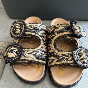 Sam Edelman Reina Slide Sandal Black/Natural Raffia Size 7.5